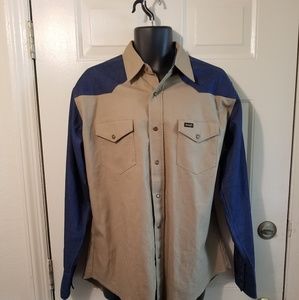 Wrangler Mens Blue Denim & Brown Long Sleeve Shirt